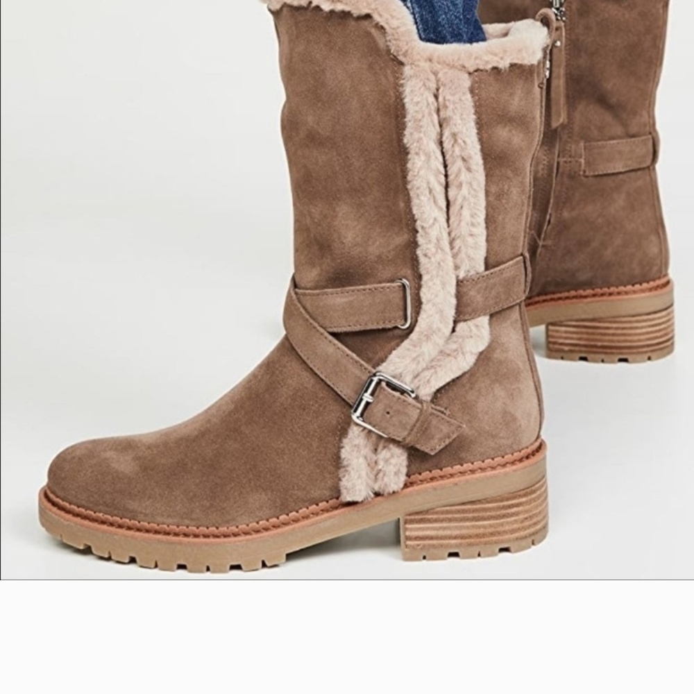 Sam Edelman Brown Suede Moto Boots w/ Cream Fur Womens Sz 7.5 Jailyn